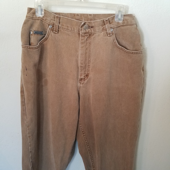 Vintage Lee Riveted Womens Jeans Tapered Leg Highwaisted Sz 14 Khaki Distressed. - Picture 7 of 13